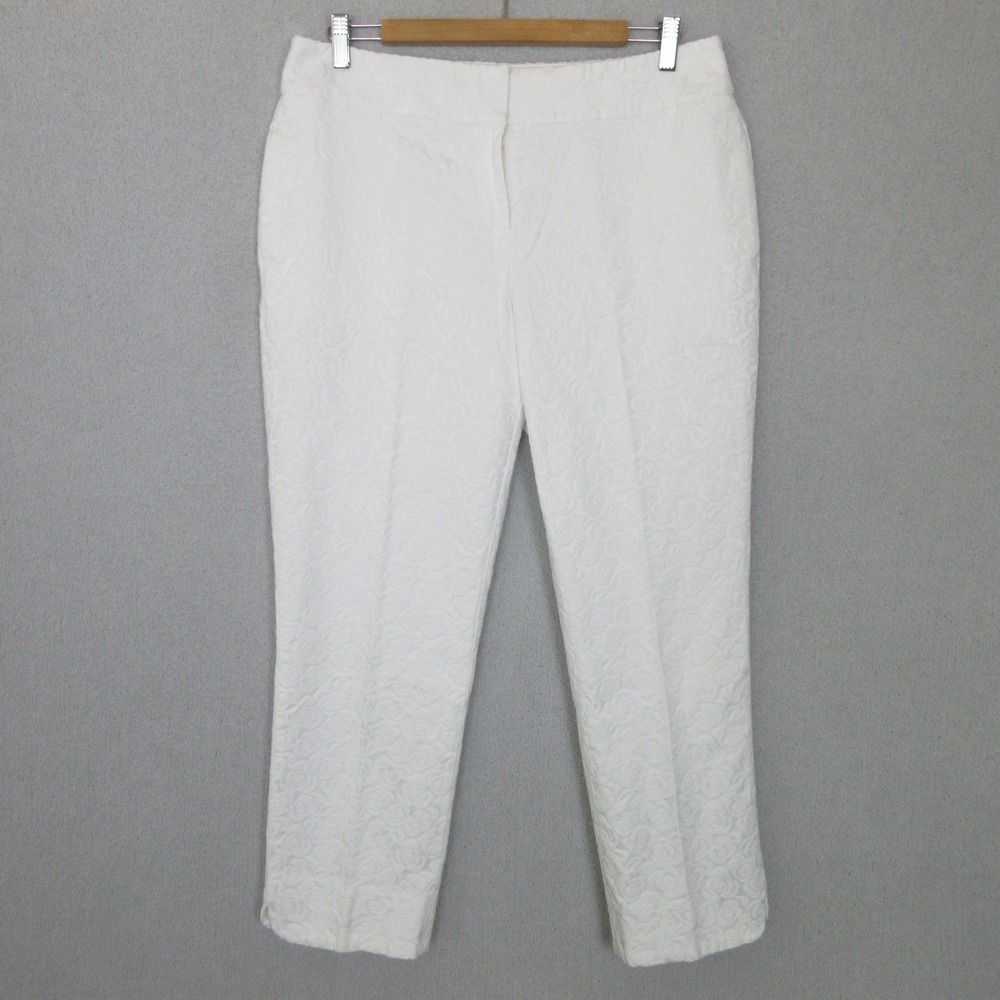 Kasper Dress Pants Women 10 White Floral Jacquard Textured Straight Leg Trousers